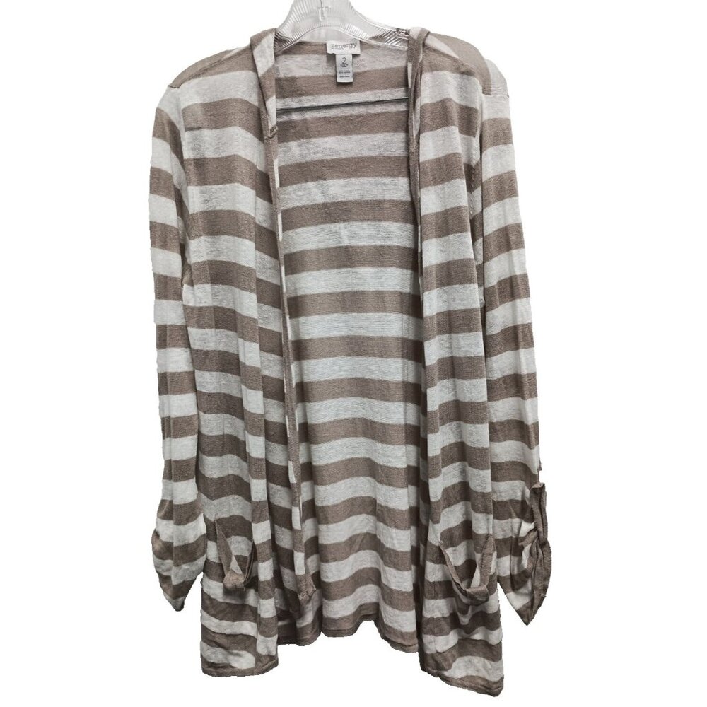 Zenergy By Chicos Cardigan Womens Large Striped Linen Blend Hooded Open Coastal